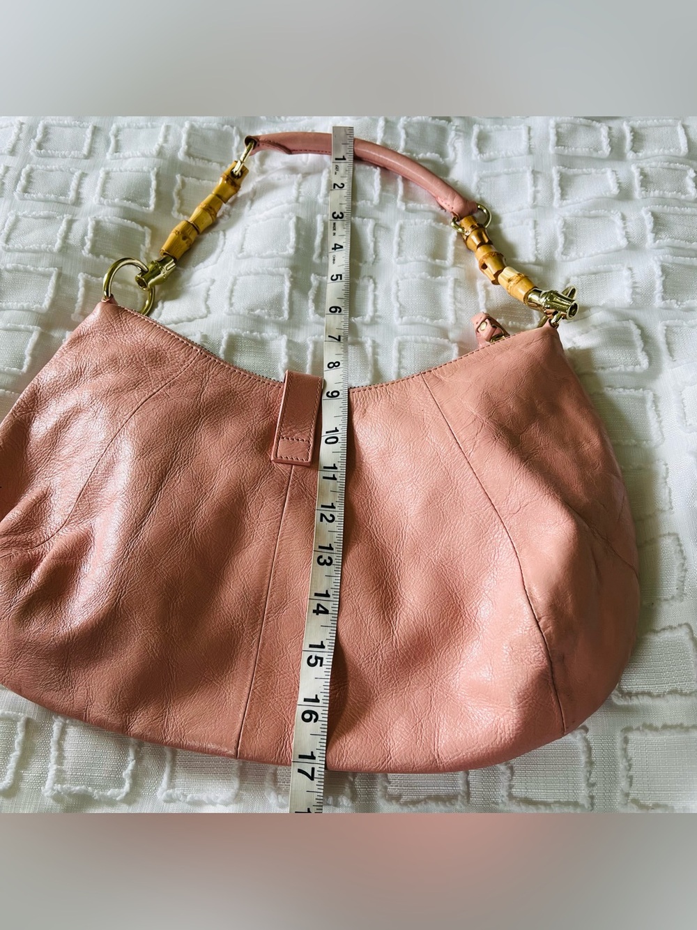 Banana Republic Vintage Salmon Pink Leather Y2K 2000 Bamboo Handle Shoulder Bag - Picture 14 of 16